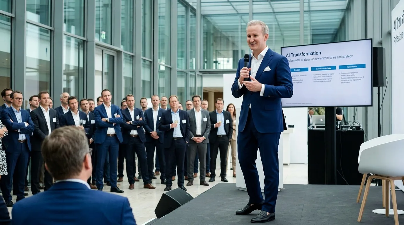 Lucas Rachner präsentiert eine KI-Transformationsstrategie vor Fachpublikum bei einem Unternehmensevent